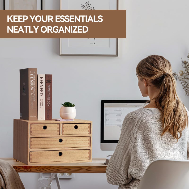 Kirigen Natural Wood Desktop Organizers with Drawers - Home Workspace Office Supplies Wooden Storage Box Shelf Case - Hold Makeup Box (NA, 3-Layer &4 Drawers) - Image 5